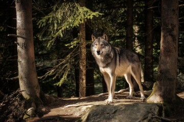 Fototapeta premium Majestic Wild Wolf in Coniferous Forest