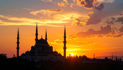 Majestic mosque silhouette against vibrant sunset sky with dramatic clouds and minarets towering above serene landscape