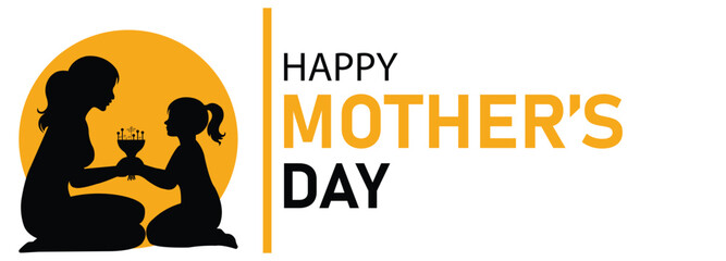 Happy Mothers Day silhouette of mother and child with gift on modern banner design