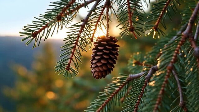 Close-up of a pine cone hanging from a green pine branch with sunlight filtering through the leaves, creating a warm, natural ambiance