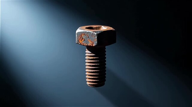 Close-up view of a rusty metal bolt illuminated by a dramatic shaft of light against a dark background, showcasing details and texture