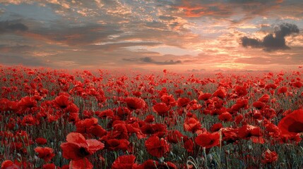 Vibrant red poppy field blooming under a dramatic sunset sky