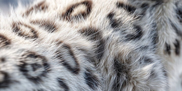 soft winter coat of snow leopard fur texture with grey spots and thick fluffy white organic animal hair
