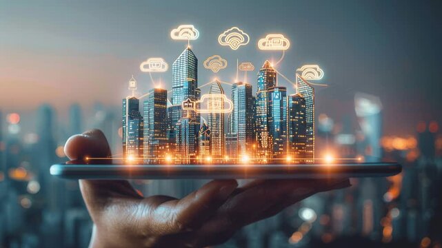 Person holding smartphone projecting holographic smart city, cloud computing, digital infrastructure, urban tech, futuristic interface, connected devices, IoT network.