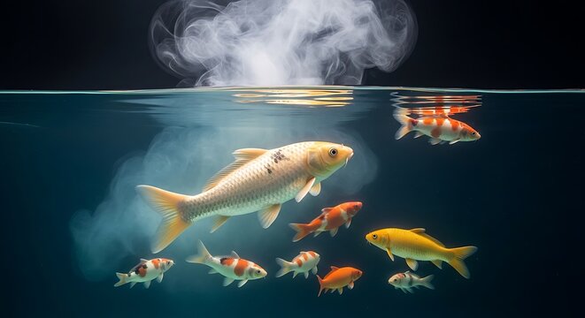 Diverse group of colorful koi fish swimming in clear blue water, with a plume of white smoke rising from the surface