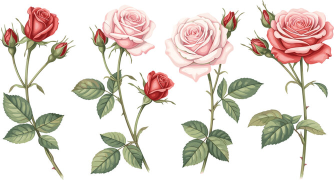 Vector collection of realistic pink and red roses with buds