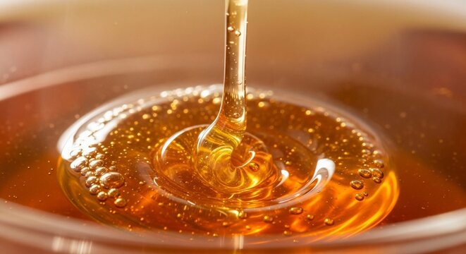 Golden Honey Pouring into a Bowl Close Up Macro Shot.