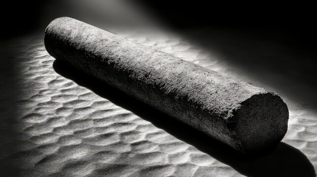 A single, unsharpened charcoal stick with a rough, textured surface rests on a sandy ground.