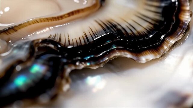 Close-up view of a seashell showcasing iridescent colors and intricate patterns on a smooth surface