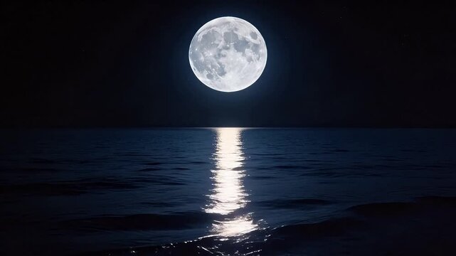 Full moon reflection on calm water at night