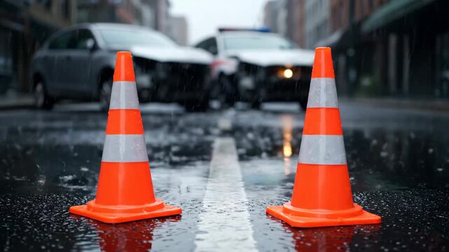 Two orange traffic cones on a wet street. In the background, two cars are involved in an accident, with a police car and flashing lights visible.