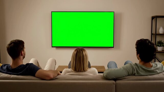 Three people relax on a couch watching a green screen television. The group includes a young Caucasian man, a young blond woman, and a young Hispanic man.