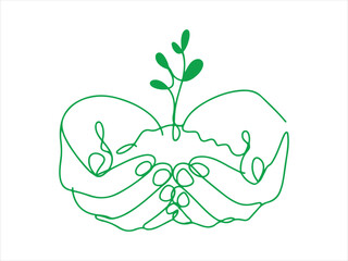 Hand holding young plant sprout vector line art growth concept graphic design. Green Line Art of Hands Holding Soil and Sprout on a White Background