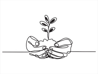 Hand holding young plant sprout vector line art growth concept graphic design. Green Line Art of Hands Holding Soil and Sprout on a White Background