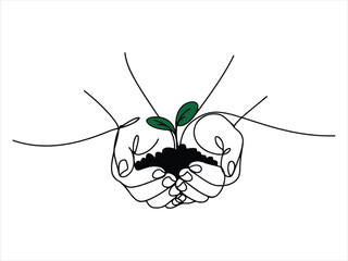 Hand holding young plant sprout vector line art growth concept graphic design. Green Line Art of Hands Holding Soil and Sprout on a White Background
