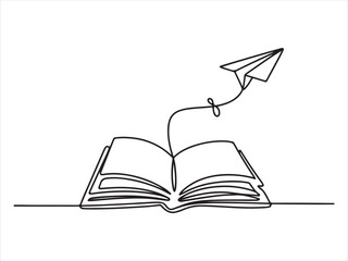Continuous One Line Drawing of Open Book with Paper Plane vector on white background illustration 