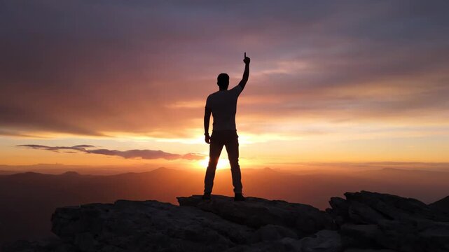 Silhouette of a man standing on a rock at sunset. The sky is filled with vibrant colors, creating a dramatic backdrop for the scene.