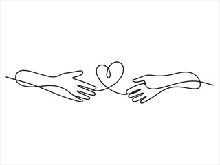 Two hands delicately hold a continuous black line forming a heart shape, Continuous Line Hands Forming Heart Connection Illustration