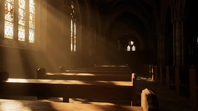 Sunlight streams through stained glass windows in a quiet church interior. Wooden benches line the aisle, creating a serene atmosphere.