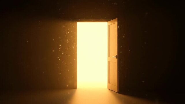 A partially open door emits a warm golden light in a dark room. The scene creates a sense of mystery and anticipation.