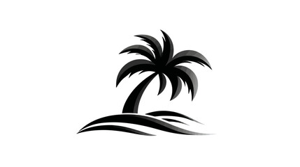 Obraz premium A stylized monochrome palm tree silhouette, with layered leaves over a small dune, set on white