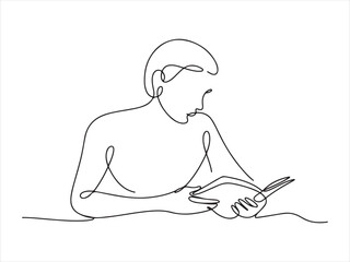 Continuous One Line Drawing of a Men Reading a Book, Continuous Line Man Reading Book Minimal One Line Art Illustration