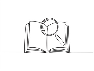 Open book with magnifying glass line art, Continuous one line drawing of a magnifying glass on an open book vector illustration