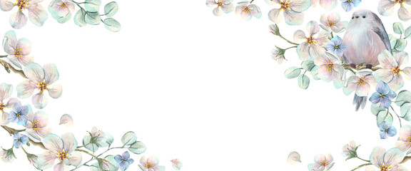 A frame of apple blossom branches with white and blue flowers and a titmouse. Hand-drawn watercolor illustration. A horizontal rectangular template for text, spring holiday designs, and weddings. © NATASHA-CHU