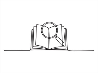 Open book with magnifying glass line art, Continuous one line drawing of a magnifying glass on an open book vector illustration