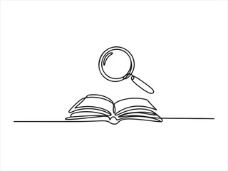 Open book with magnifying glass line art, Continuous one line drawing of a magnifying glass on an open book vector illustration