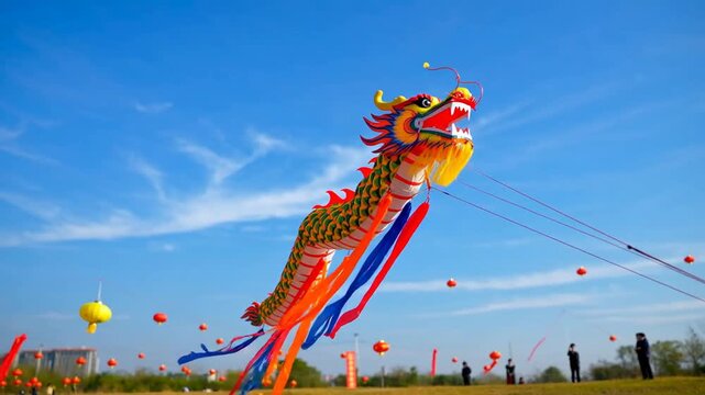 Colorful dragon kite soaring against a clear blue sky, surrounded by spectators enjoying a vibrant outdoor event