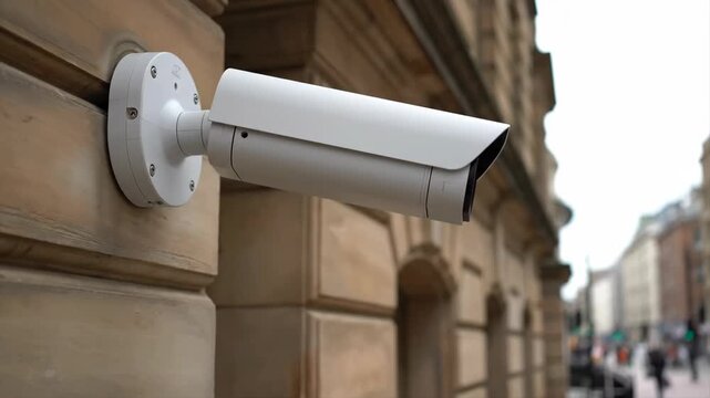 A white security camera mounted on a stone wall in an urban setting. The camera is angled towards the street, monitoring the area.