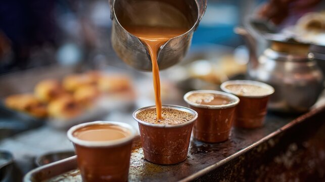 Traditional Indian Masala Chai tea being poured into cups at a street food stall