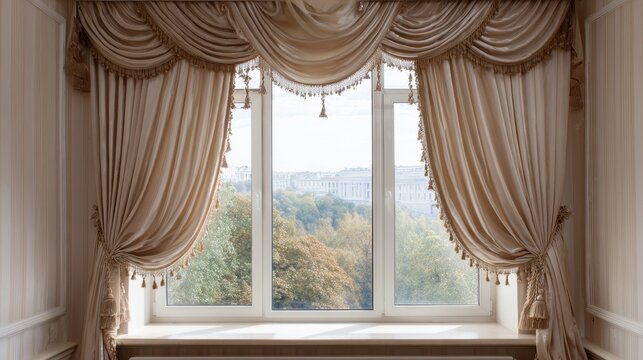 Classic luxury curtains with elegant valance and fringe on a large window overlooking a lush city park.