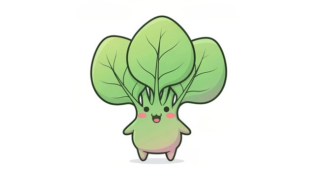 Charming Chibi Spinach Character with Oversized Leaves and Playful Expression on a Clear Background