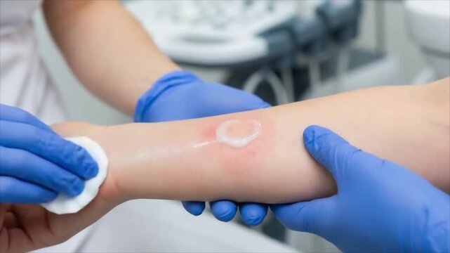 Doctor applying gel on woman arm with cotton pad during medical procedure. Preparation for ultrasound examination or allergy testing at clinic.