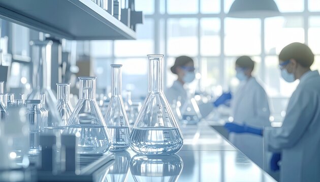 Chemical synthesis laboratory with distillation equipment, flasks and beakers, professional lab technicians in protective gear, scientific research process, pharmaceutical development, high-tech.