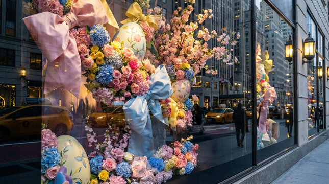Luxury festive store window display with Easter decor and spring flowers