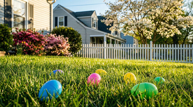 Colored Easter eggs hidden in green grass in front house
