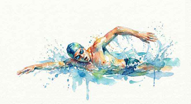 Watercolor illustration of professional male swimmer in water with splashes