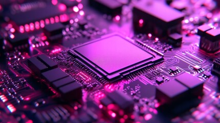 Advanced computer microprocessor with glowing purple light high performance computing component.