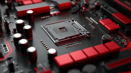 Detailed close up view of a complex computer motherboard circuitry and components.
