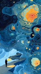 Asteroid mining concept, A contemplative figure gazes at the vibrant cosmic landscape.