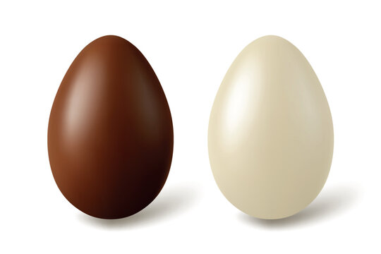 Vector 3d Chocolate Egg Set. Dark and White Chocolate Easter Eggs. Sweet Candy Dessert Collection. Minimal Realistic Food Illustration for Holiday Packaging. Confectionery Mockup Isolated