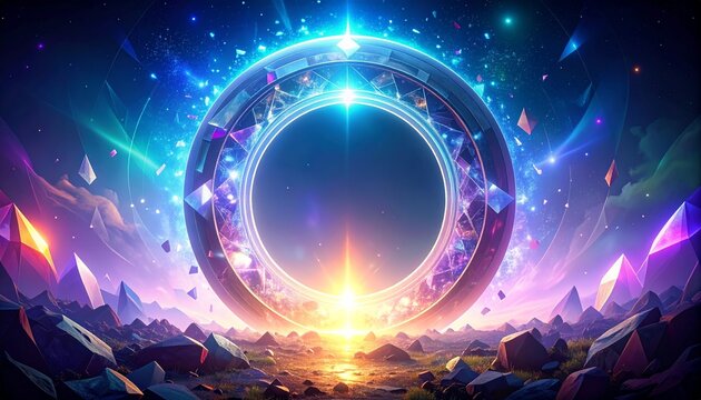 Circular ascension portal of concentric glowing rings, floating geometric shards, scifi vortex, energy gateway, abstract technology background, futuristic cosmic light, cinematic 3d render.