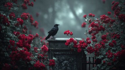 Naklejka premium Black Crow Perched on Ornate Stone Pedestal Surrounded by Red Roses in Misty Gothic Garden