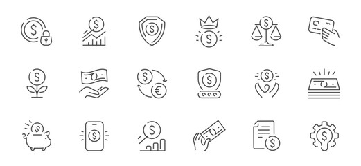 Financial icons collection. Banking, payments, savings and investment line symbols. Money concept