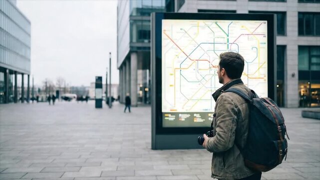 Man travel planning by pointing at subway map on digital display in city square, navigating public transport route