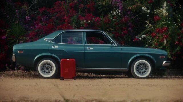 Blonde Woman In Retro Attire By Automobile. Serene Woman Resting Near Vehicle Amidst Lush Flowers