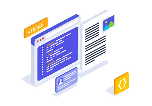 A colorful isometric illustration showcases the coding workflow with a syntax-highlighted browser window, a structured document view, and floating HTML elements like head tags and curly braces